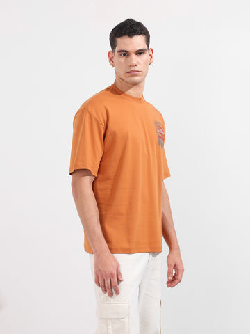 Men's Orange Relaxed Fit Embroided 240 GSM Casual T-Shirt