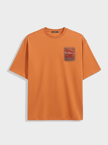 Men's Orange Relaxed Fit Embroided 240 GSM Casual T-Shirt