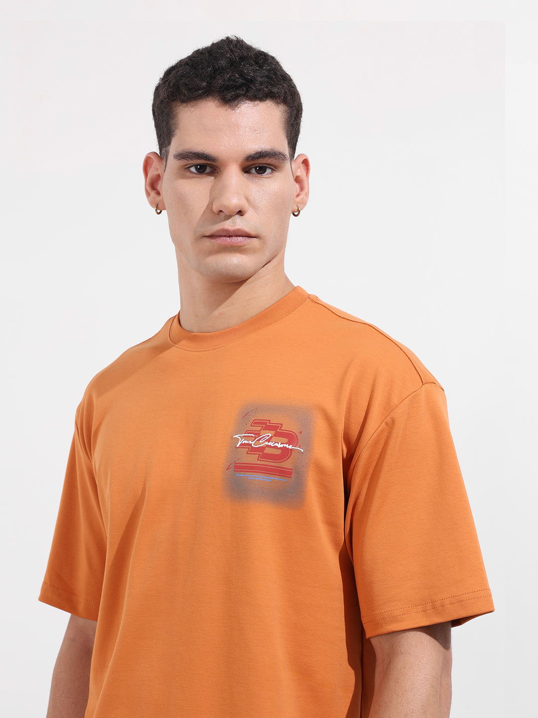 Men's Orange Relaxed Fit Embroided 240 GSM Casual T-Shirt