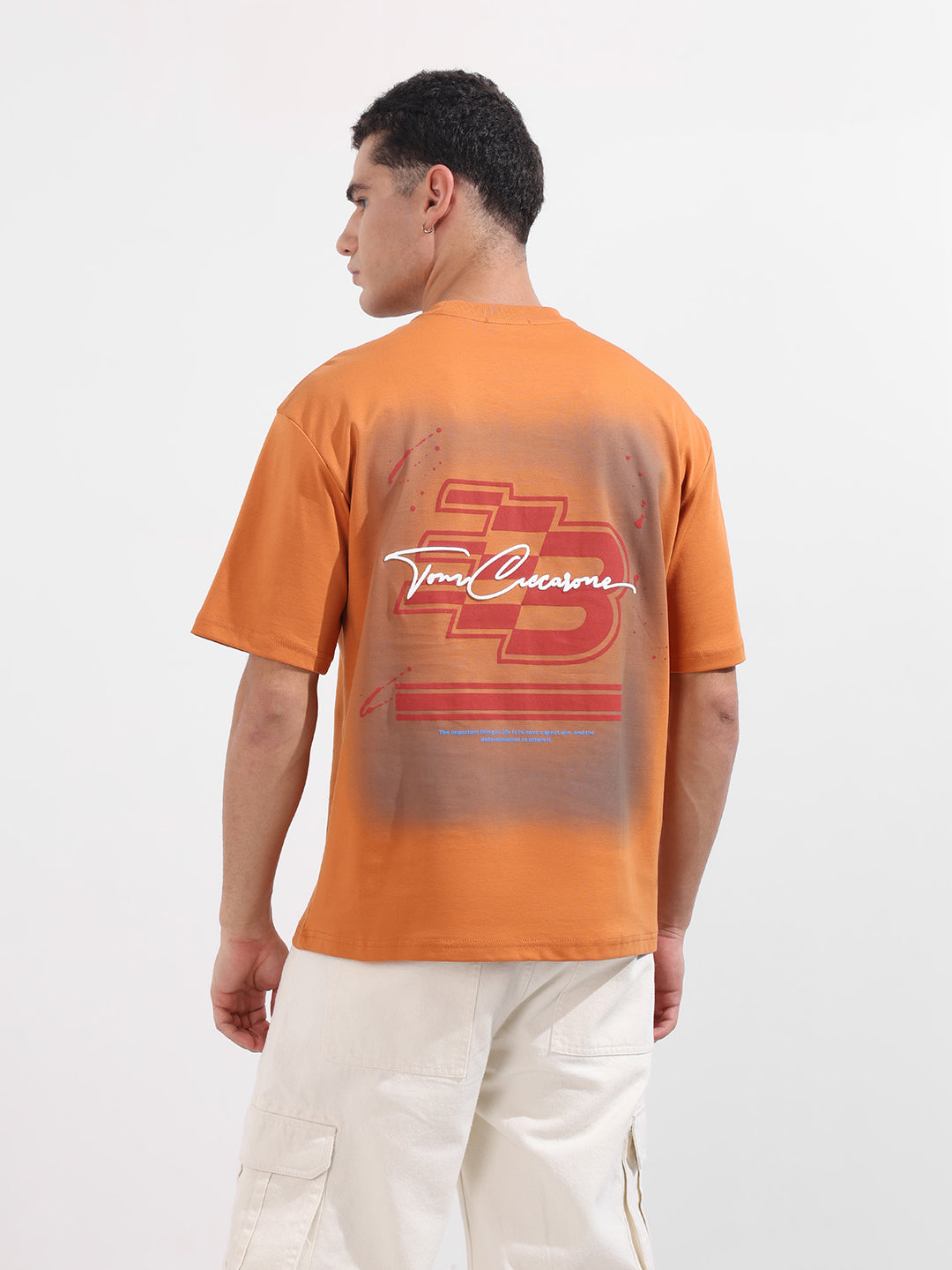 Men's Orange Relaxed Fit Embroided 240 GSM Casual T-Shirt