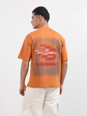 Men's Orange Relaxed Fit Embroided 240 GSM Casual T-Shirt