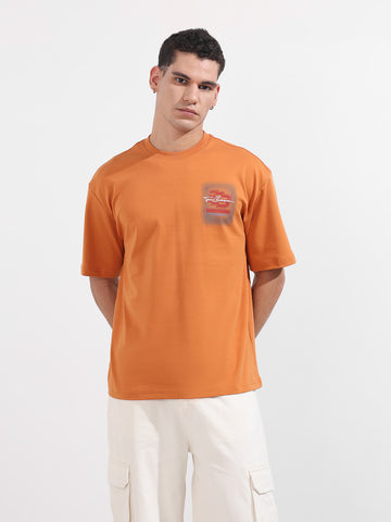 Men's Orange Relaxed Fit Embroided 240 GSM Casual T-Shirt
