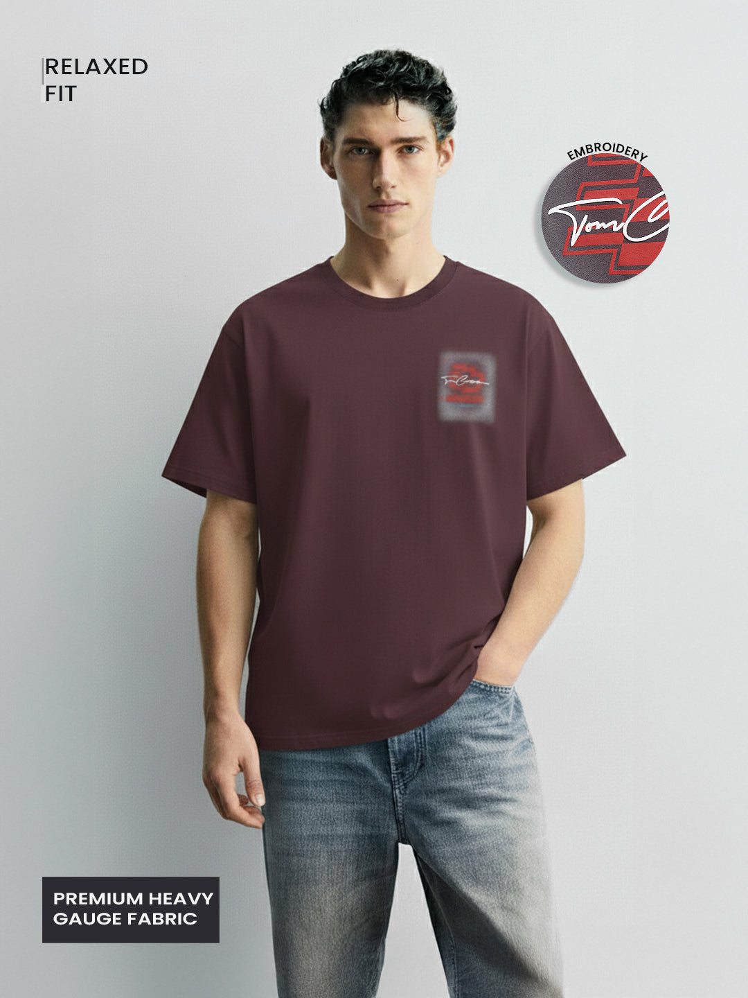 Men's Maroon Relaxed Fit Embroided 240 GSM Casual T-Shirt