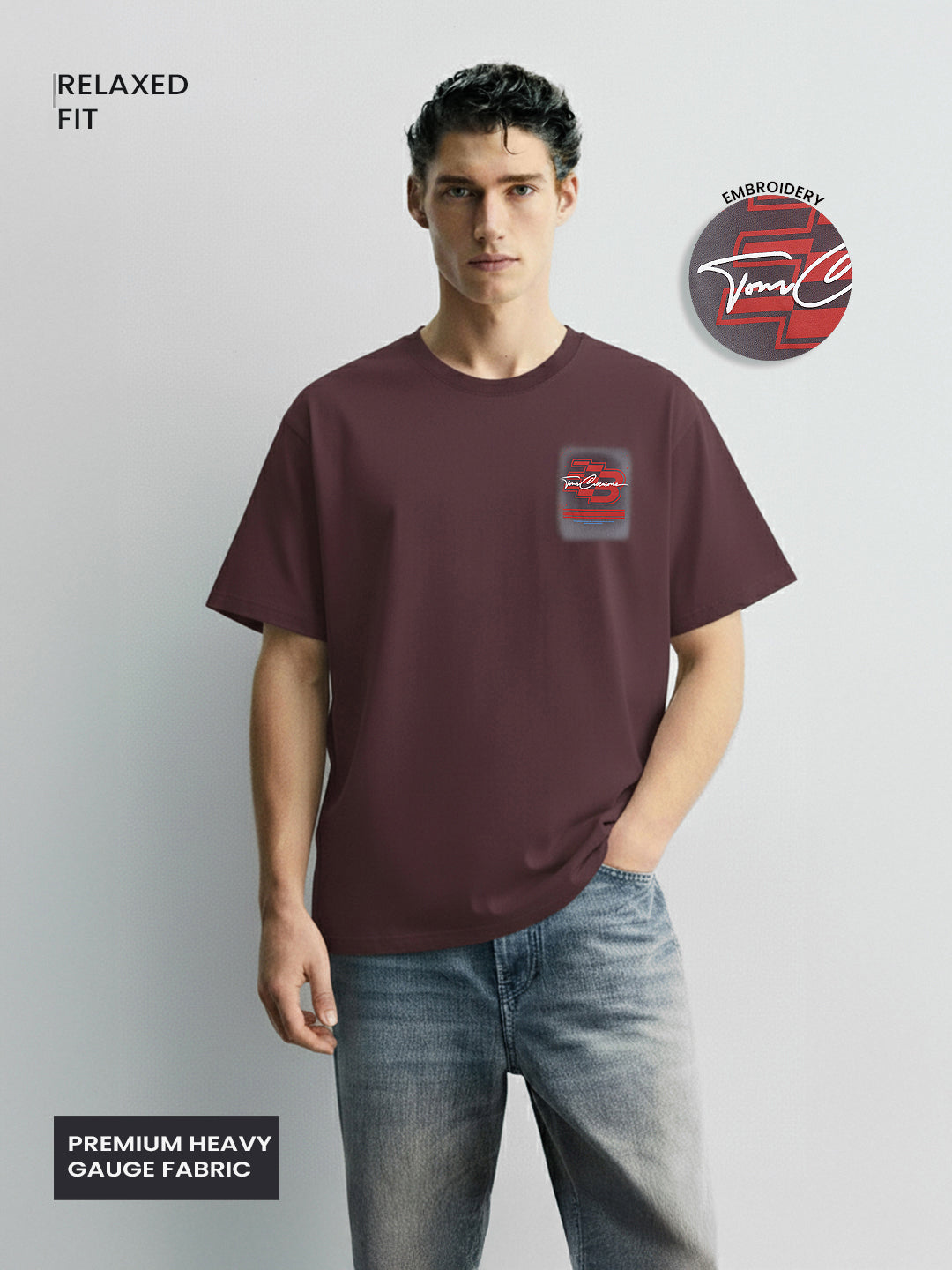 Men's Maroon Relaxed Fit Embroided 240 GSM Casual T-Shirt