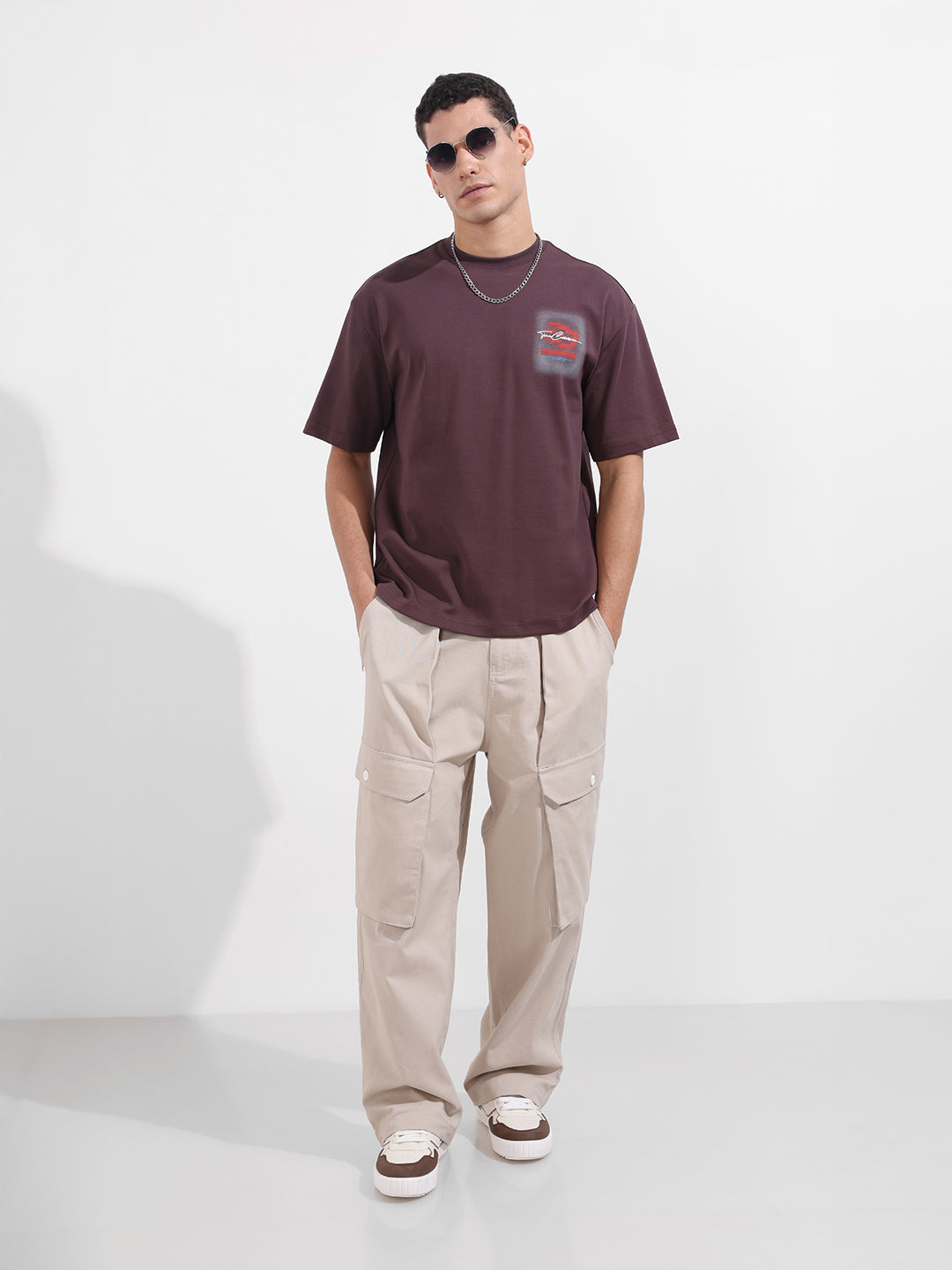 Men's Maroon Relaxed Fit Embroided 240 GSM Casual T-Shirt