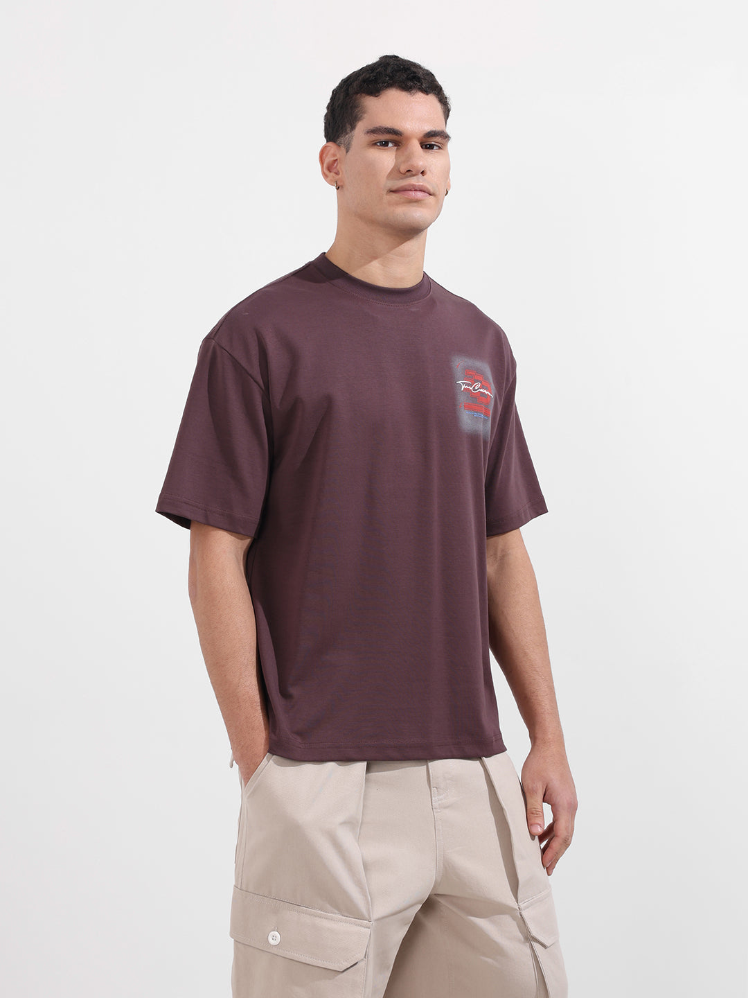 Men's Maroon Relaxed Fit Embroided 240 GSM Casual T-Shirt