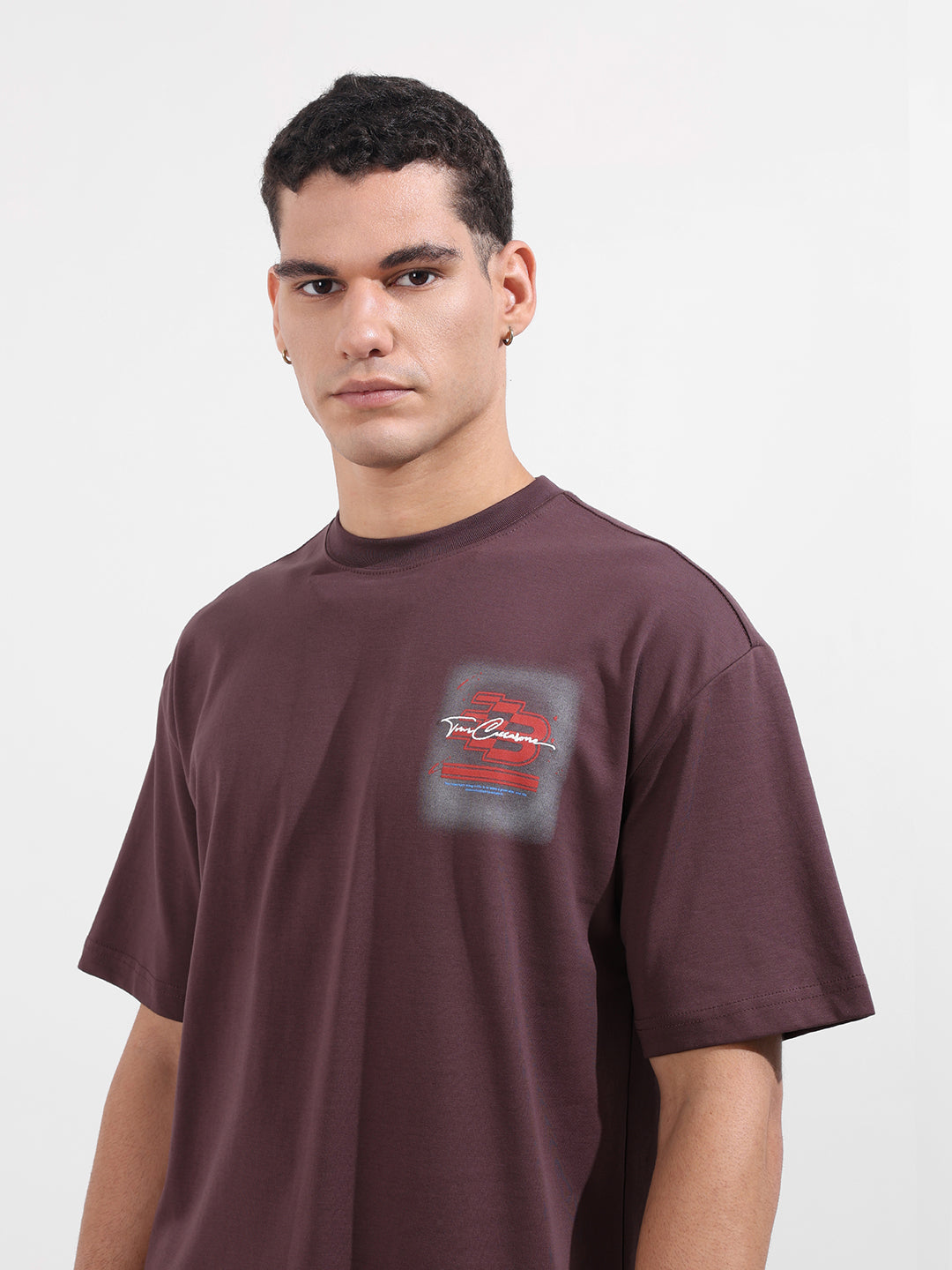 Men's Maroon Relaxed Fit Embroided 240 GSM Casual T-Shirt