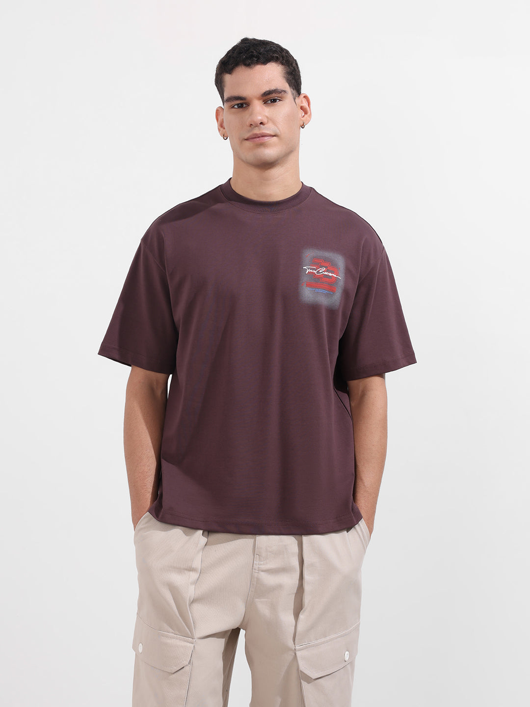 Men's Maroon Relaxed Fit Embroided 240 GSM Casual T-Shirt