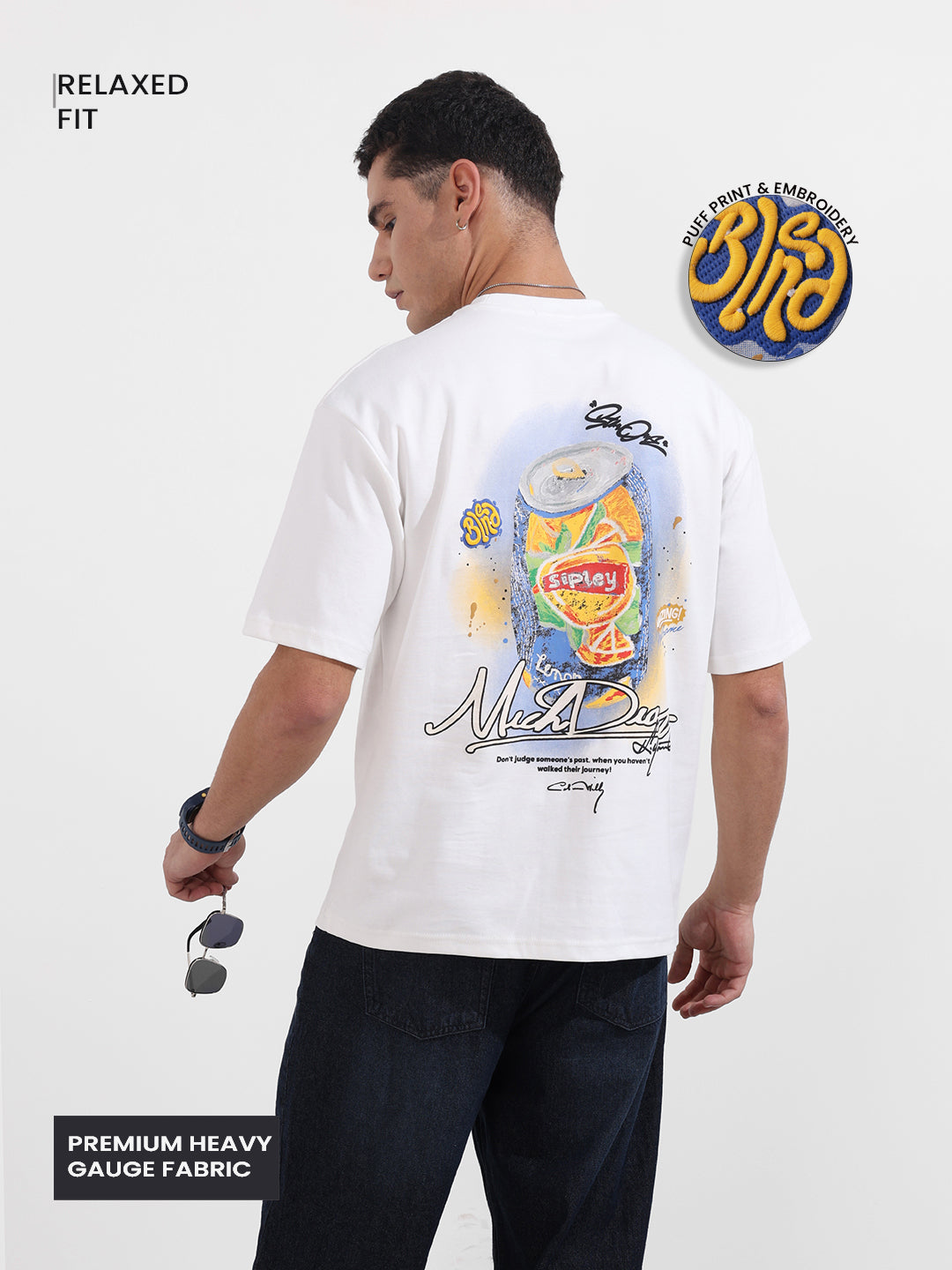 Men's White Relaxed Fit Embroided 240 GSM Casual T-Shirt
