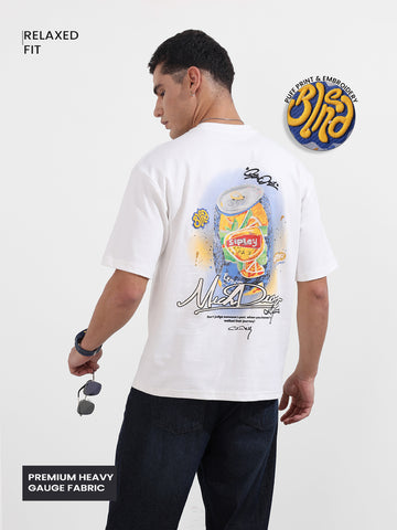 Men's White Relaxed Fit Embroided 240 GSM Casual T-Shirt