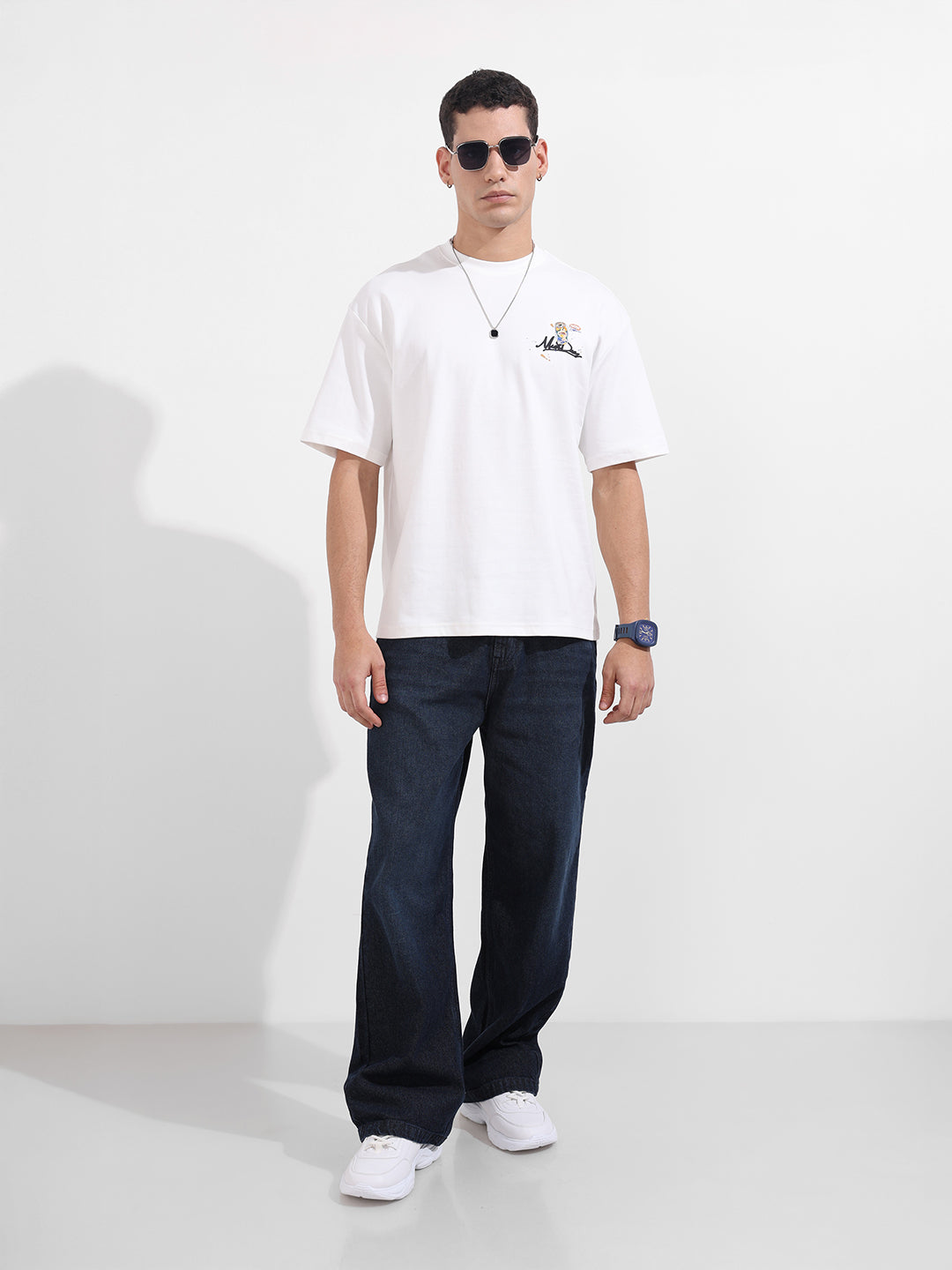 Men's White Relaxed Fit Embroided 240 GSM Casual T-Shirt