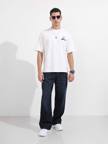 Men's White Relaxed Fit Embroided 240 GSM Casual T-Shirt