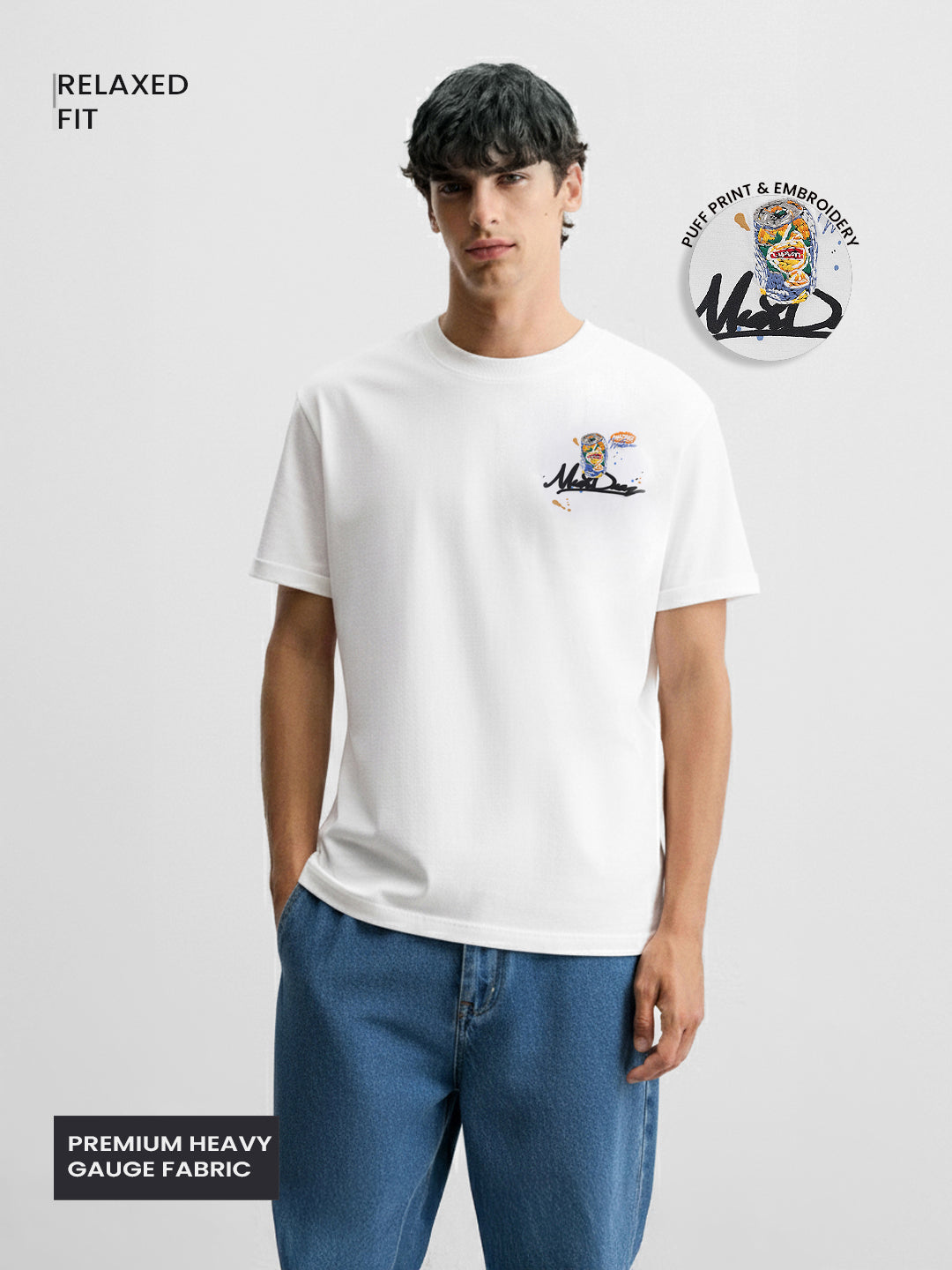 Men's White Relaxed Fit Embroided 240 GSM Casual T-Shirt