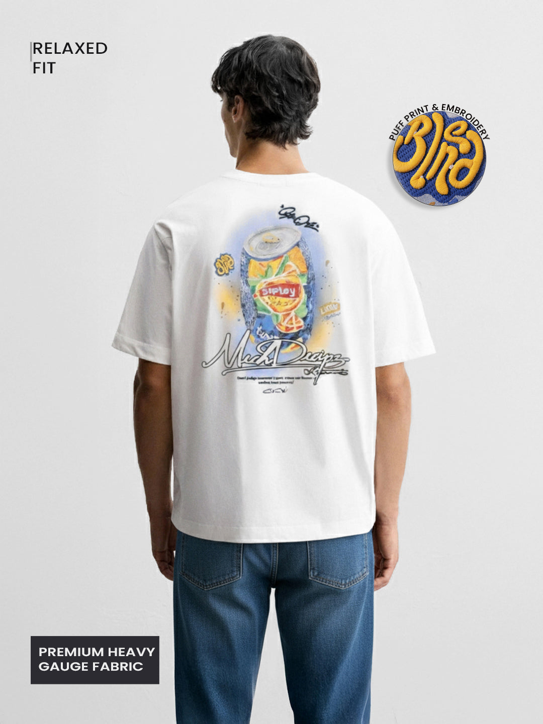Men's White Relaxed Fit Embroided 240 GSM Casual T-Shirt