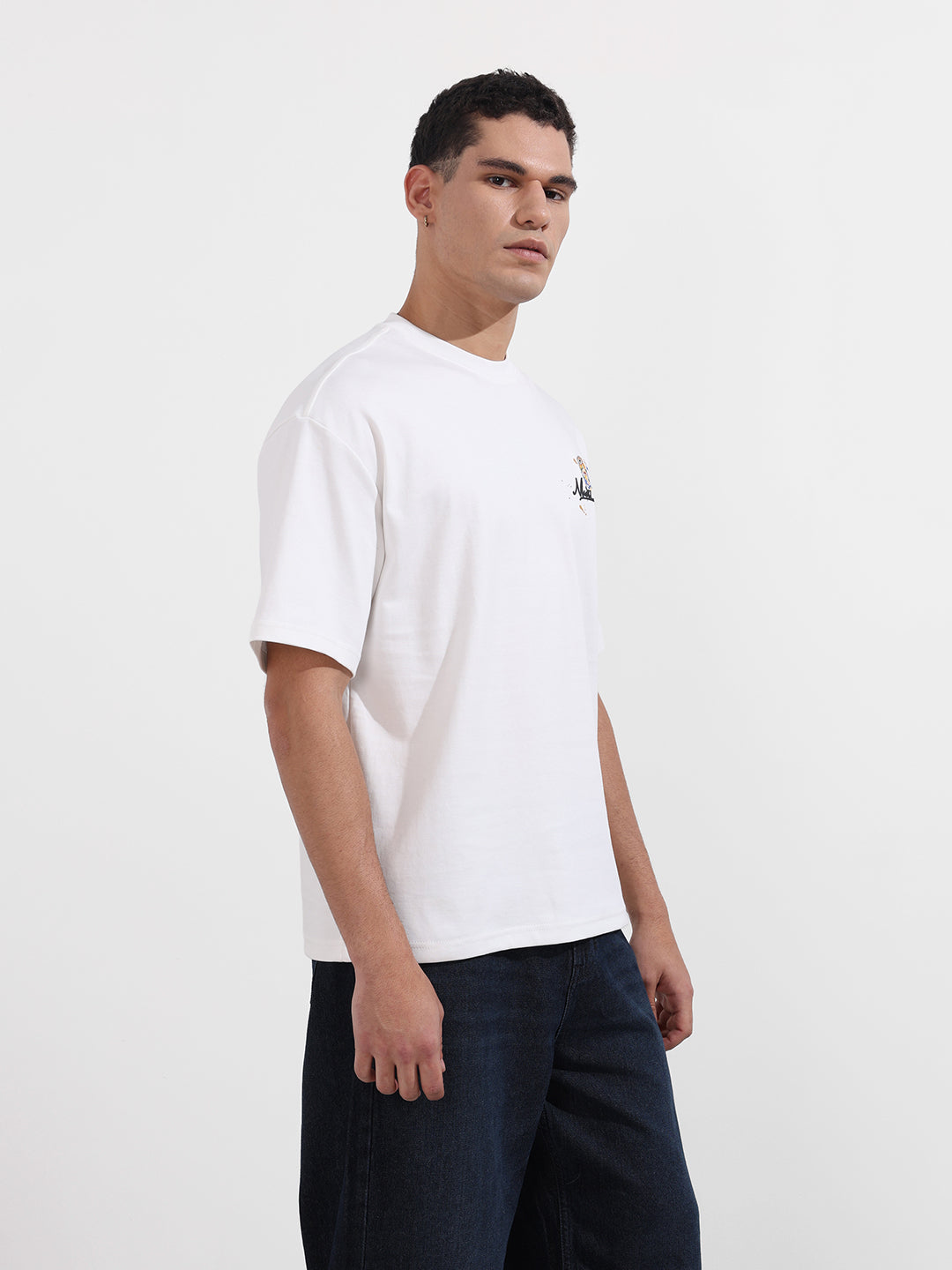 Men's White Relaxed Fit Embroided 240 GSM Casual T-Shirt