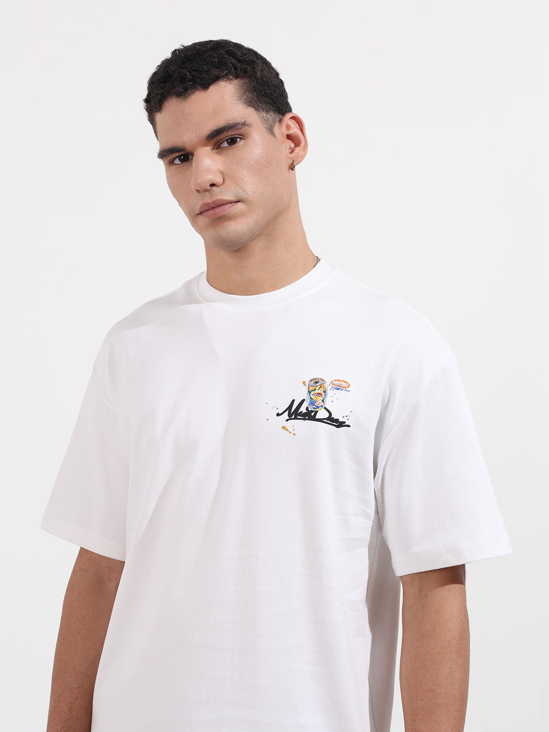 Men's White Relaxed Fit Embroided 240 GSM Casual T-Shirt
