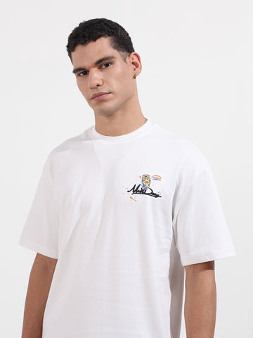 Men's White Relaxed Fit Embroided 240 GSM Casual T-Shirt