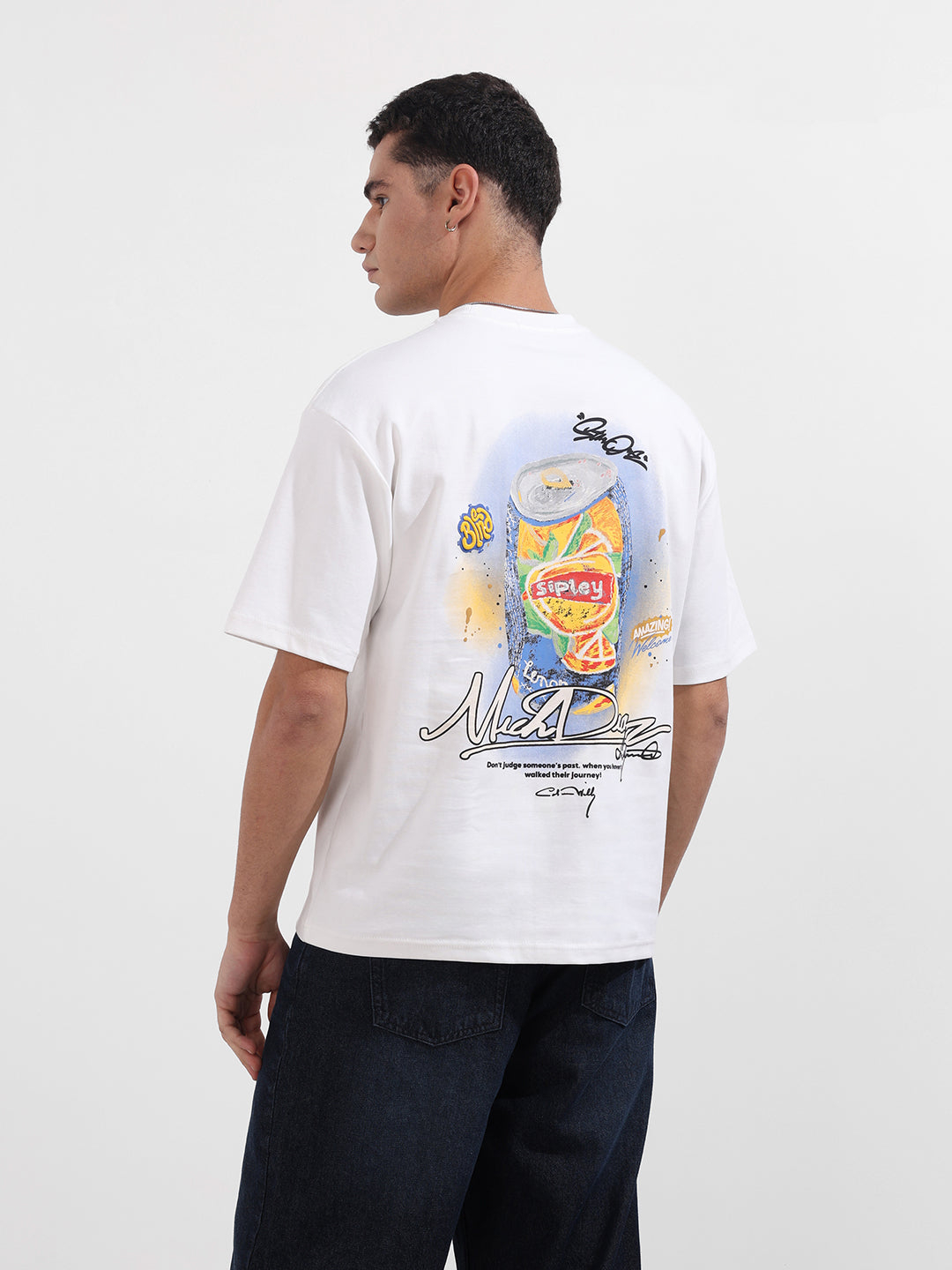 Men's White Relaxed Fit Embroided 240 GSM Casual T-Shirt