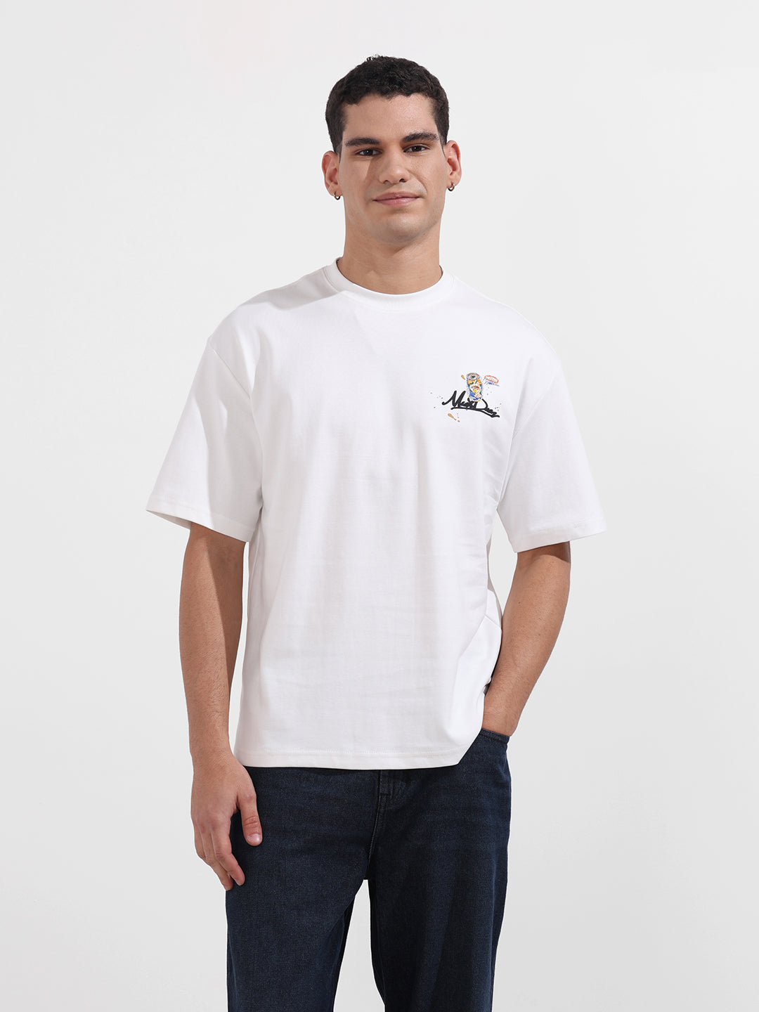 Men's White Relaxed Fit Embroided 240 GSM Casual T-Shirt