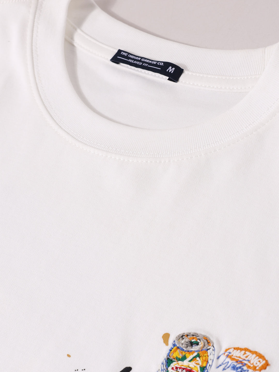 Men's White Relaxed Fit Embroided 240 GSM Casual T-Shirt