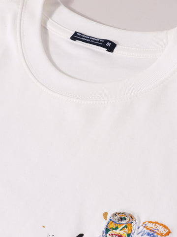 Men's White Relaxed Fit Embroided 240 GSM Casual T-Shirt