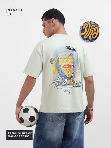 Men's Green Relaxed Fit Embroided 240 GSM Casual T-Shirt