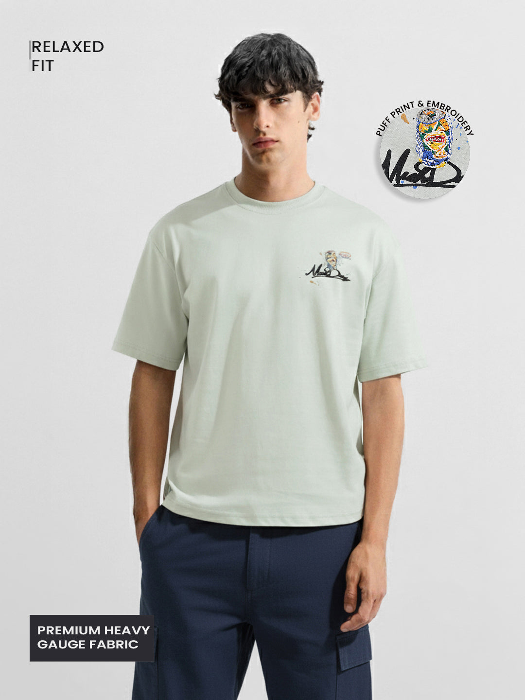 Men's Green Relaxed Fit Embroided 240 GSM Casual T-Shirt