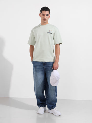 Men's Green Relaxed Fit Embroided 240 GSM Casual T-Shirt