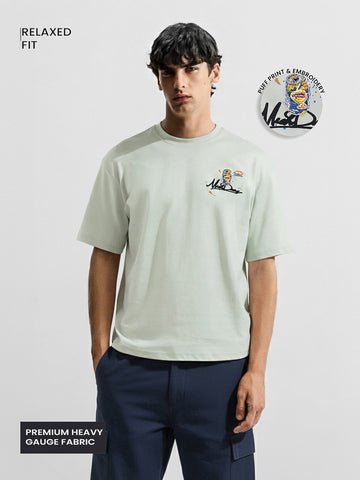 Men's Green Relaxed Fit Embroided 240 GSM Casual T-Shirt