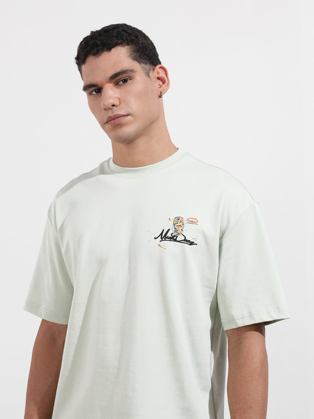 Men's Green Relaxed Fit Embroided 240 GSM Casual T-Shirt