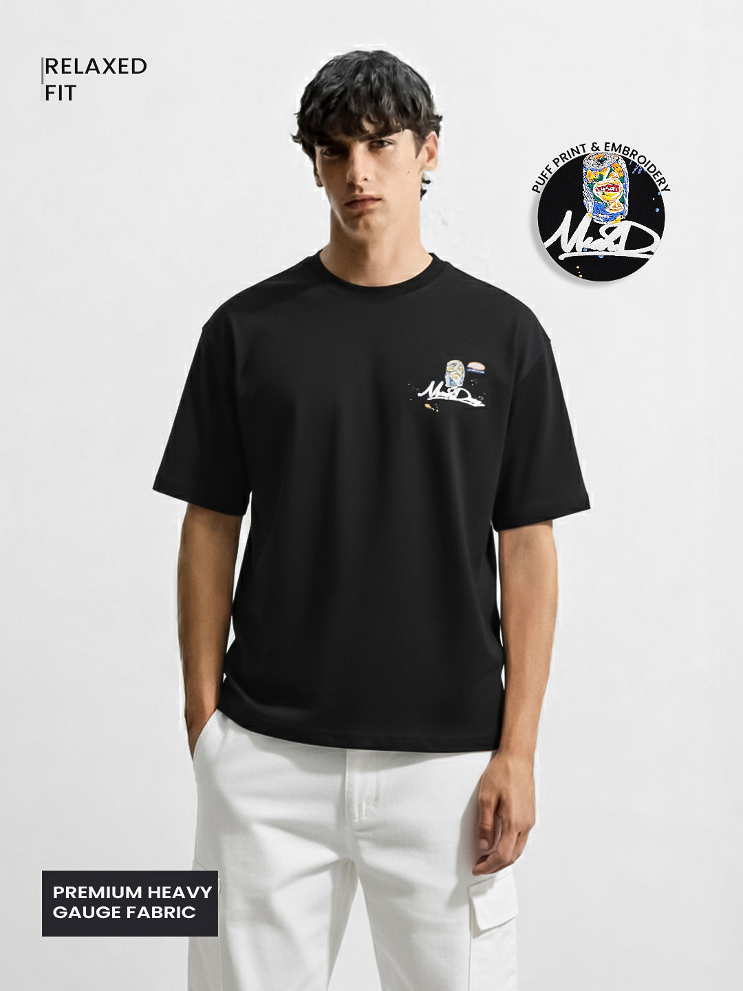 Men's Black Relaxed Fit Embroided 240 GSM Casual T-Shirt