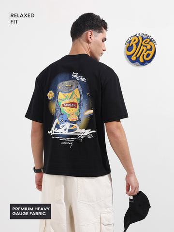 Men's Black Relaxed Fit Embroided 240 GSM Casual T-Shirt