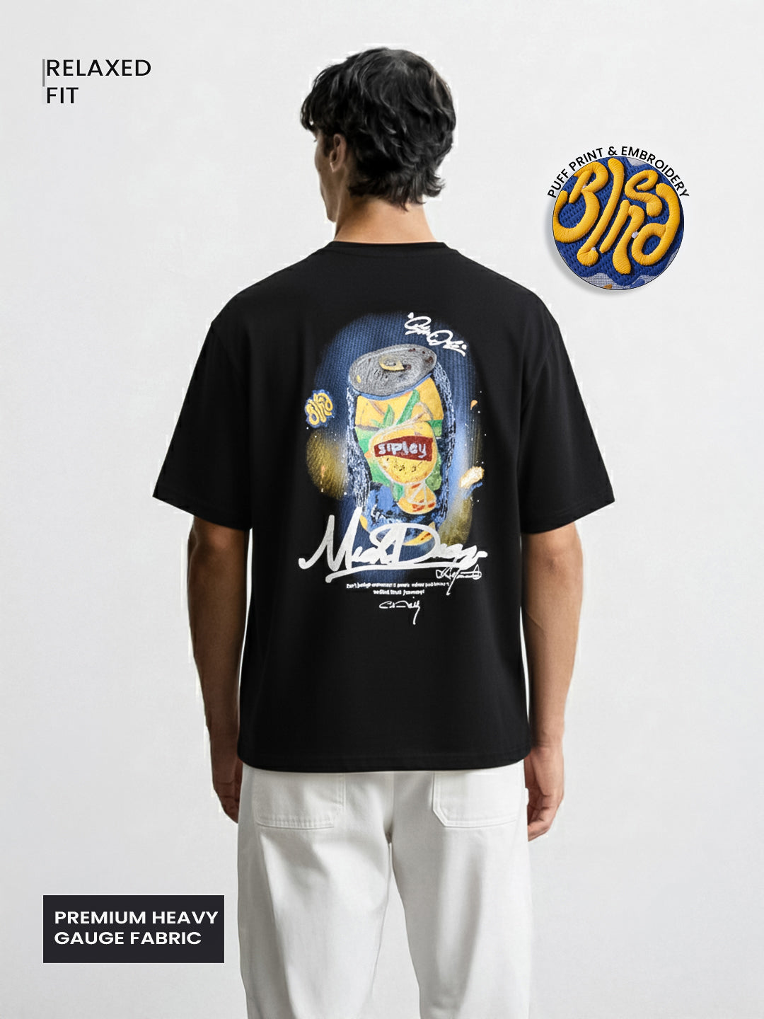 Men's Black Relaxed Fit Embroided 240 GSM Casual T-Shirt