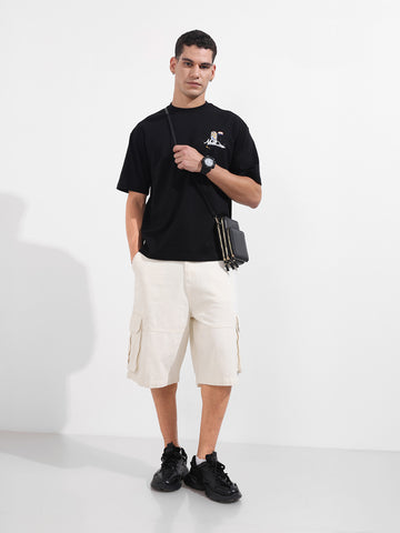 Men's Black Relaxed Fit Embroided 240 GSM Casual T-Shirt