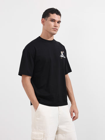 Men's Black Relaxed Fit Embroided 240 GSM Casual T-Shirt