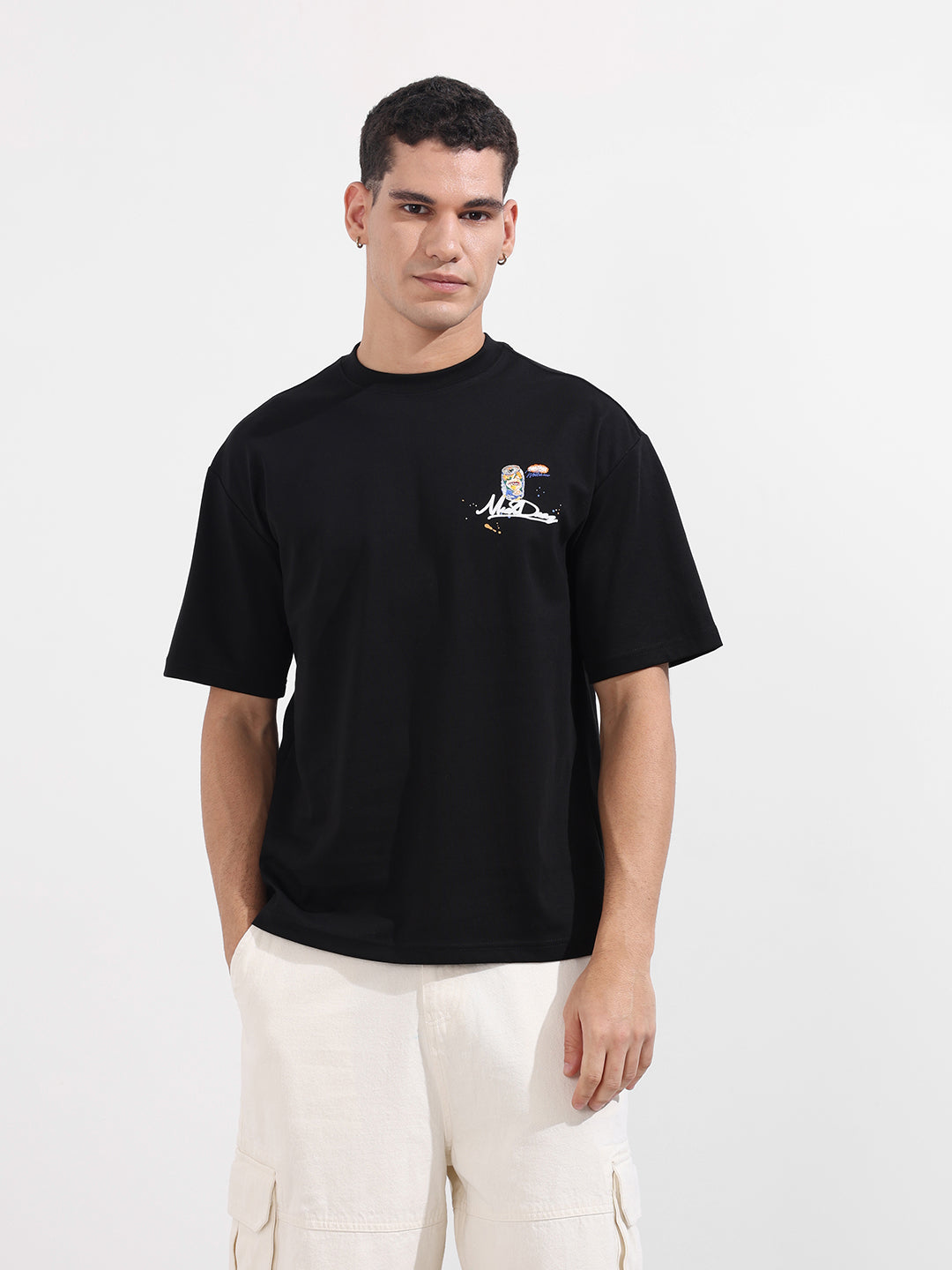 Men's Black Relaxed Fit Embroided 240 GSM Casual T-Shirt