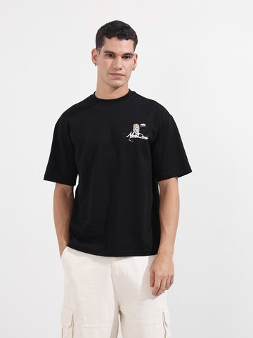 Men's Black Relaxed Fit Embroided 240 GSM Casual T-Shirt