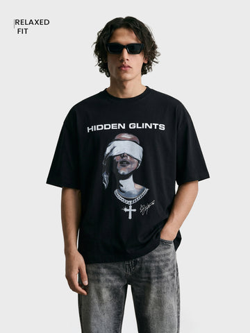 Men's Black Relaxed Fit Graphic Printed 240 GSM Casual T-Shirt
