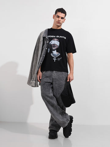 Men's Black Relaxed Fit Graphic Printed 240 GSM Casual T-Shirt