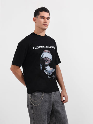 Men's Black Relaxed Fit Graphic Printed 240 GSM Casual T-Shirt