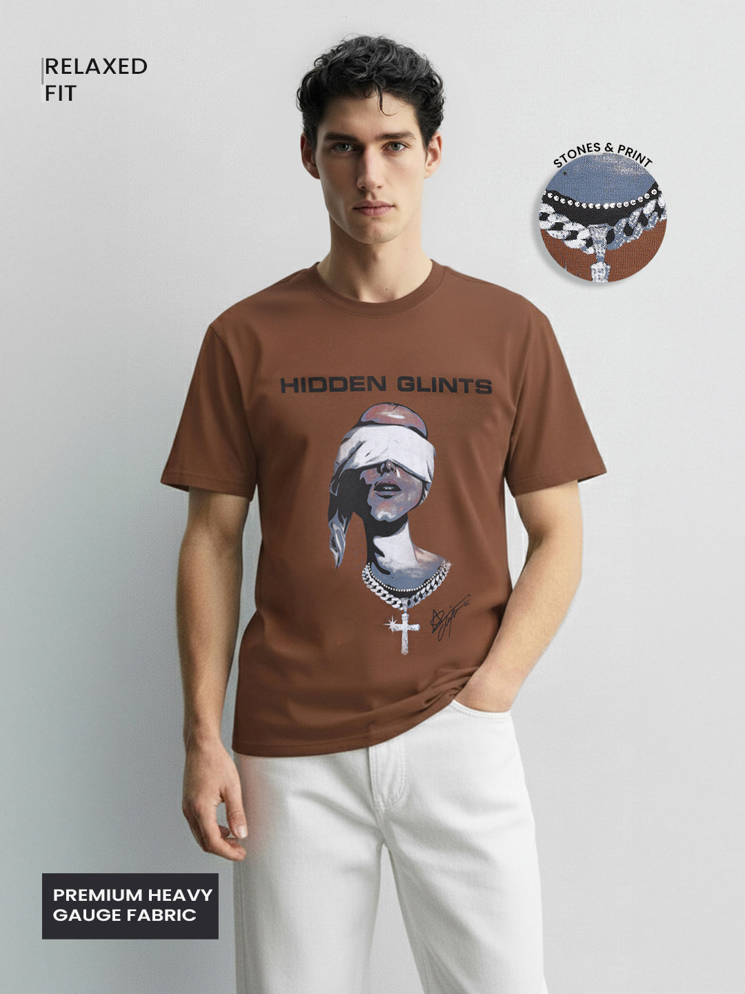 Men's Brown Relaxed Fit Graphic Printed 240 GSM Casual T-Shirt