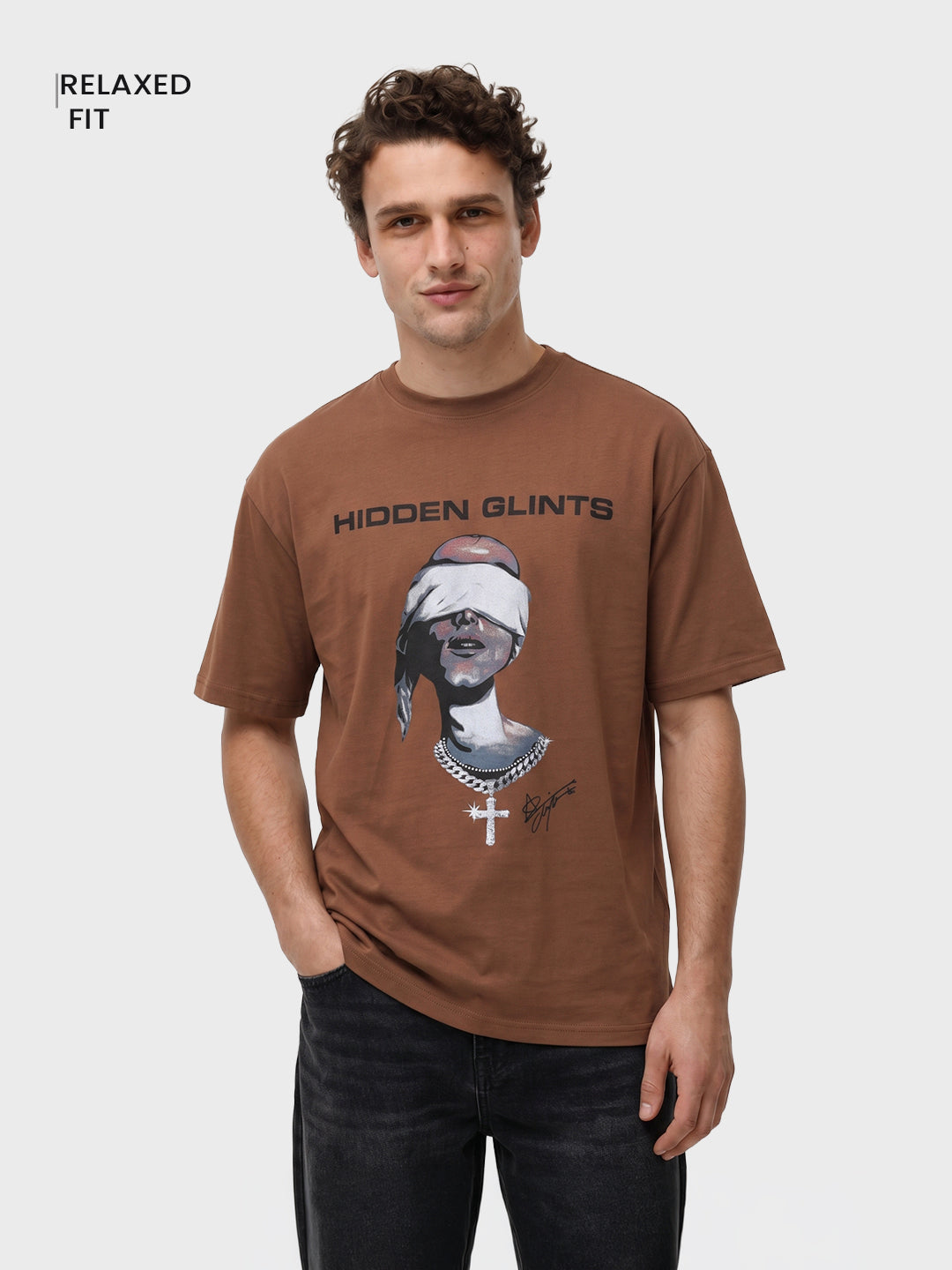 Men's Brown Relaxed Fit Graphic Printed 240 GSM Casual T-Shirt