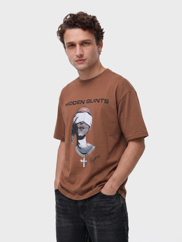 Men's Brown Relaxed Fit Graphic Printed 240 GSM Casual T-Shirt