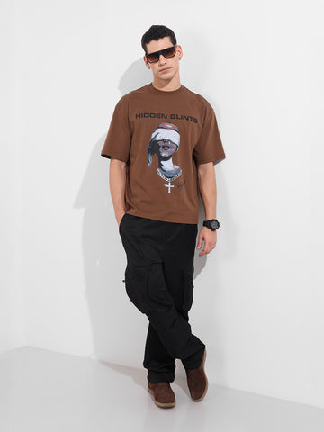 Men's Brown Relaxed Fit Graphic Printed 240 GSM Casual T-Shirt