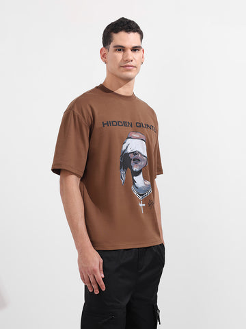 Men's Brown Relaxed Fit Graphic Printed 240 GSM Casual T-Shirt