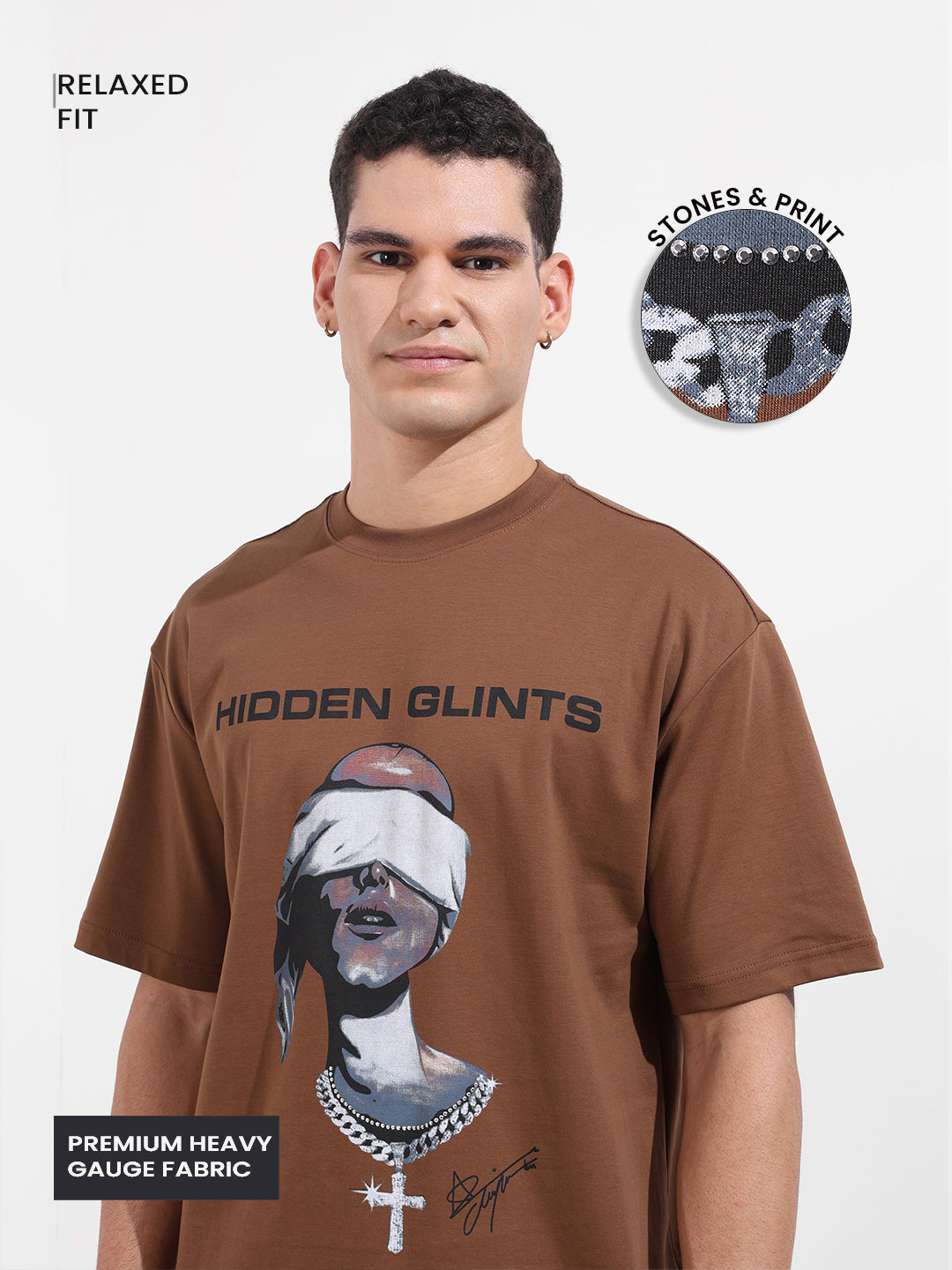 Men's Brown Relaxed Fit Graphic Printed 240 GSM Casual T-Shirt
