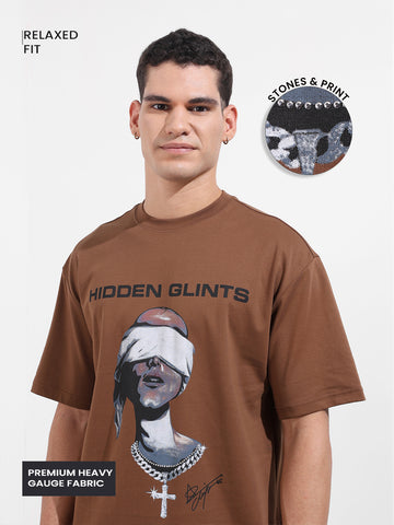 Men's Brown Relaxed Fit Graphic Printed 240 GSM Casual T-Shirt