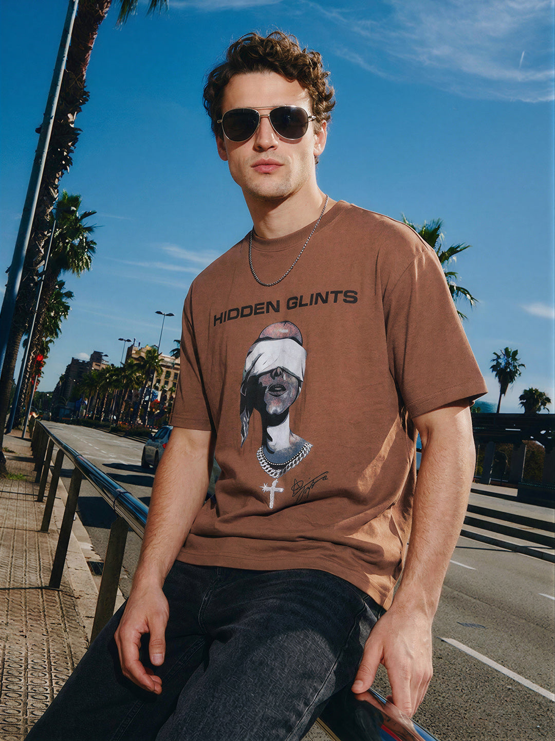 Men's Brown Relaxed Fit Graphic Printed 240 GSM Casual T-Shirt