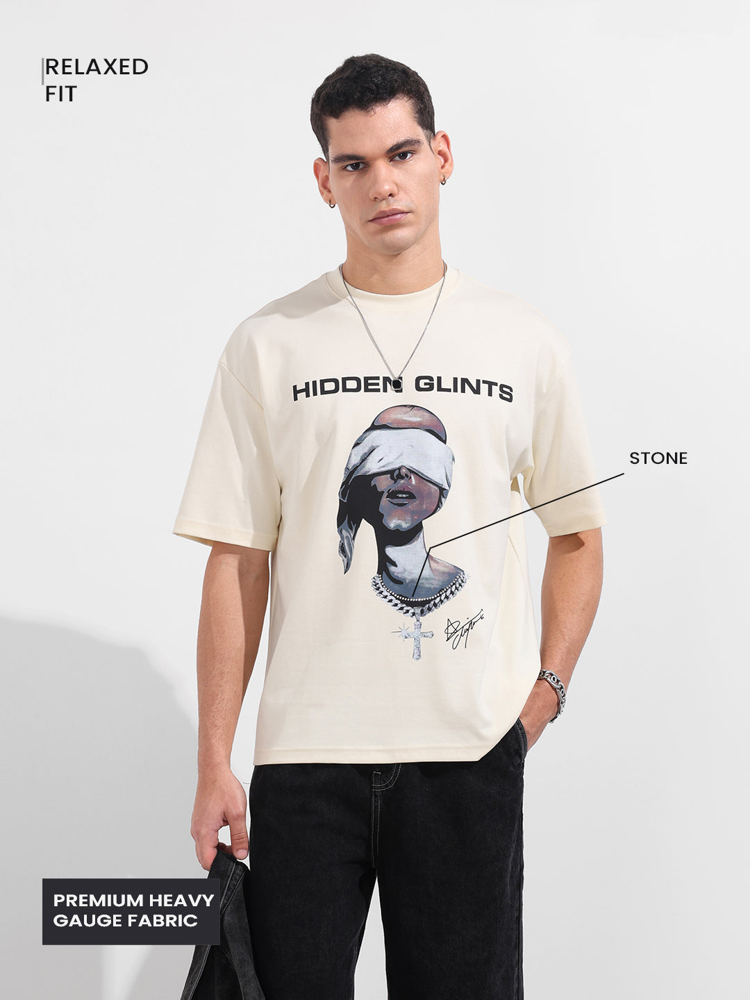 Men's Cream Relaxed Fit Graphic Printed 240 GSM Casual T-Shirt