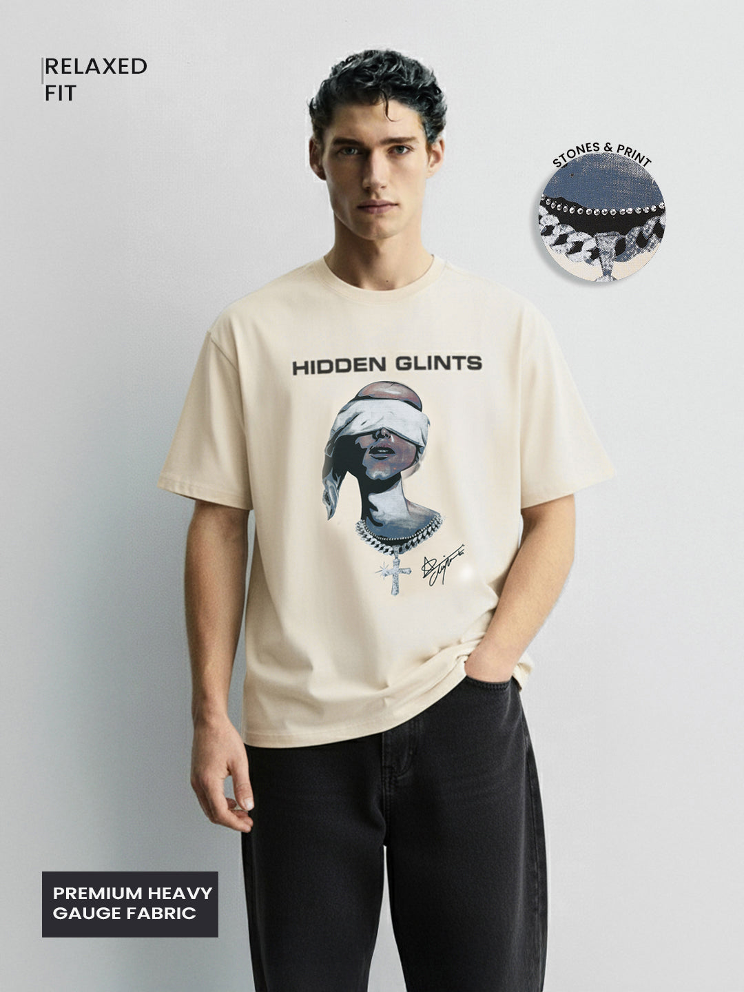 Men's Cream Relaxed Fit Graphic Printed 240 GSM Casual T-Shirt